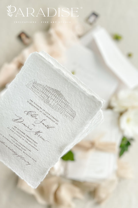 Refined, personal, and beautifully timeless - our handmade wedding invitation suite with a hand-drawn venue illustration transforms your wedding stationery into a piece of art. Each invitation is printed on 100% cotton deckled-edge paper, tied with a soft taupe silk ribbon, and sealed with an ivory wax seal for a sophisticated, heirloom finish. The custom venue sketch captures the heart of your celebration. 