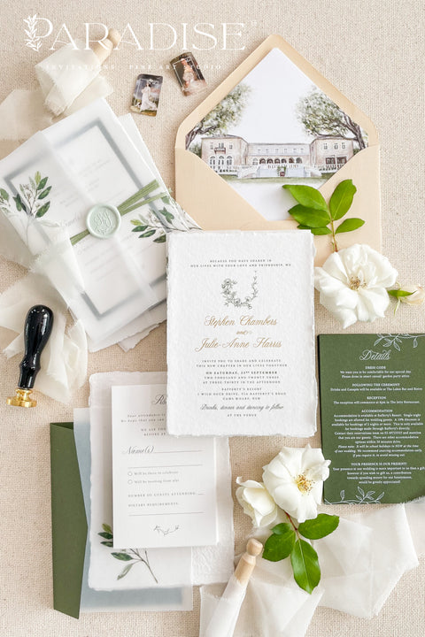 This exquisite wedding invitation set offers a blend of natural elegance and romantic charm. Each timeless romantic wedding stationery piece is printed on luxurious handmade paper with a beautiful deckle edge, providing a rich, tactile feel. The result is a truly elegant and beautiful suite that is also an environmentally conscious choice, perfect for your special day.