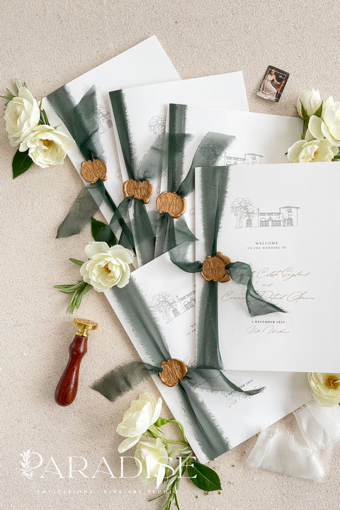 This wedding program features a beautifully hand-drawn sketch of your ceremony location, bringing meaning, storytelling, and personal charm to your celebration. Printed on premium cardstock and finished with a deep green ribbon and warm gold wax seal, it offers a refined balance of old-world elegance and modern minimalism. Perfect for estate weddings, outdoor ceremonies, and romantic fine-art themes, this program creates a memorable first impression for your guests.