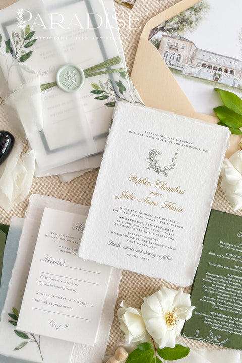 This exquisite wedding invitation set offers a blend of natural elegance and romantic charm. Each timeless romantic wedding stationery piece is printed on luxurious handmade paper with a beautiful deckle edge, providing a rich, tactile feel. The result is a truly elegant and beautiful suite that is also an environmentally conscious choice, perfect for your special day.