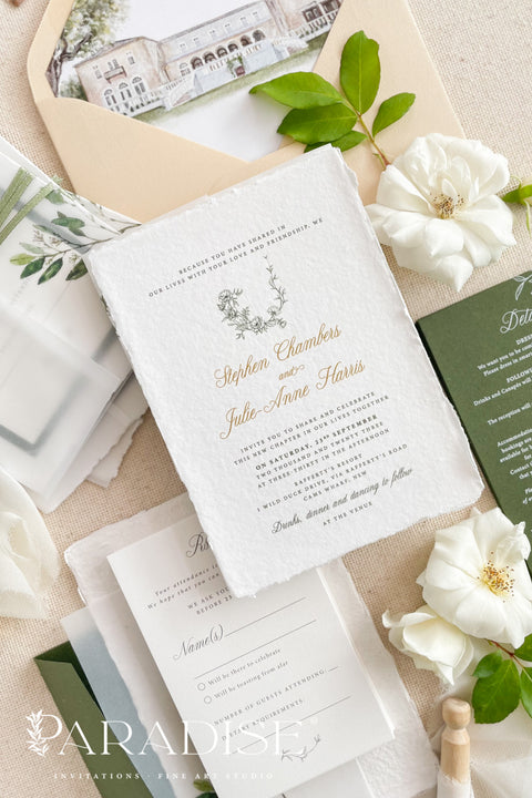 This exquisite wedding invitation set offers a blend of natural elegance and romantic charm. Each timeless romantic wedding stationery piece is printed on luxurious handmade paper with a beautiful deckle edge, providing a rich, tactile feel. The result is a truly elegant and beautiful suite that is also an environmentally conscious choice, perfect for your special day.