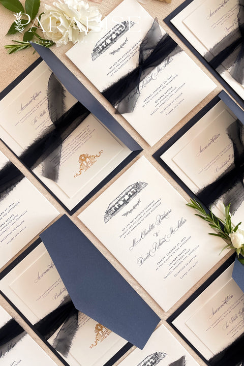 Elegant and refined, this letterpress wedding invitation suite brings classic artistry to modern romance. Featuring a custom hand-drawn illustration of your wedding venue, each piece is printed on luxurious cotton cardstock using the timeless technique of letterpress printing - creating a deep, tactile impression that you can both see and feel. The suite is accented with navy envelopes and tied with a silk ribbon, perfectly balancing sophistication with sentiment.