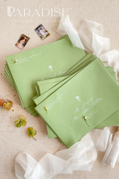 Pear green wedding envelopes with printed addresses, styled flat lay with soft ribbon, dried florals, and wax seals for fresh, botanical invitation suites.