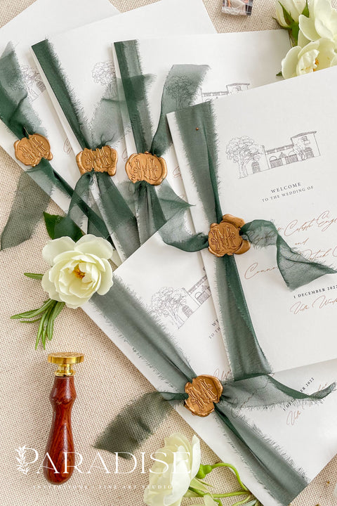 This wedding program features a beautifully hand-drawn sketch of your ceremony location, bringing meaning, storytelling, and personal charm to your celebration. Printed on premium cardstock and finished with a deep green ribbon and warm gold wax seal, it offers a refined balance of old-world elegance and modern minimalism. Perfect for estate weddings, outdoor ceremonies, and romantic fine-art themes, this program creates a memorable first impression for your guests.