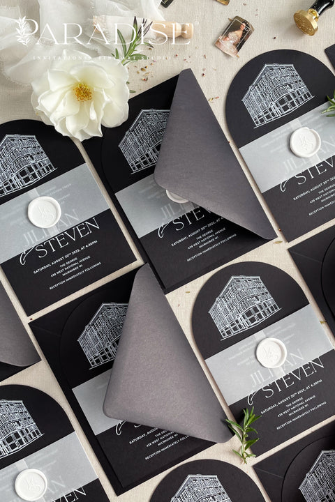 Bold, elegant, and full of character - our arched wedding invitation suite is designed for couples who want to make a statement. Printed on luxurious black cardstock, each invitation features a hand-drawn illustration of your wedding venue, adding a deeply personal and artistic touch to your stationery. Wrapped in a vellum belly band and finished with a white wax seal, this suite blends modern sophistication with timeless craftsmanship.
