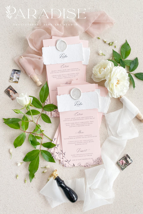 Introduce timeless romance and contemporary elegance to your reception with our custom handmade wedding menus - the perfect blend of fine design and meaningful detail. Printed on luxury blush-toned cardstock and wrapped in a deckled-edge handmade paper belly band, each piece is finished with a personalized wax seal, adding a sophisticated touch to your tablescape.