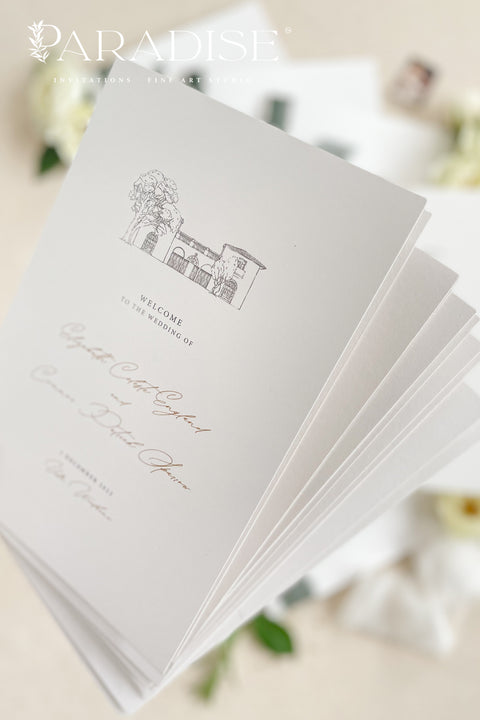This wedding program features a beautifully hand-drawn sketch of your ceremony location, bringing meaning, storytelling, and personal charm to your celebration. Printed on premium cardstock and finished with a deep green ribbon and warm gold wax seal, it offers a refined balance of old-world elegance and modern minimalism. Perfect for estate weddings, outdoor ceremonies, and romantic fine-art themes, this program creates a memorable first impression for your guests.