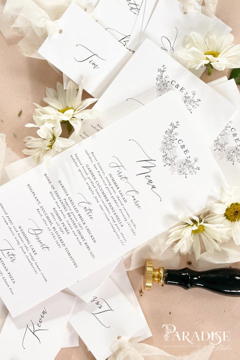 Elevate your wedding table décor with our botanical fine-art menus, featuring elegant floral sketches and refined typography. Printed on luxury textured cardstock, these menus bring a sense of romantic sophistication to your celebration. Each design is customizable with your initials, florals, and fonts, ensuring a cohesive look with your invitation suite. Perfect for garden, elegant, or minimalist weddings, they add a soft, timeless beauty to your tablescape.