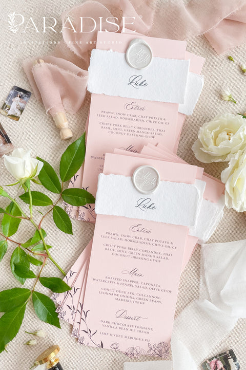 Introduce timeless romance and contemporary elegance to your reception with our custom handmade wedding menus - the perfect blend of fine design and meaningful detail. Printed on luxury blush-toned cardstock and wrapped in a deckled-edge handmade paper belly band, each piece is finished with a personalized wax seal, adding a sophisticated touch to your tablescape.