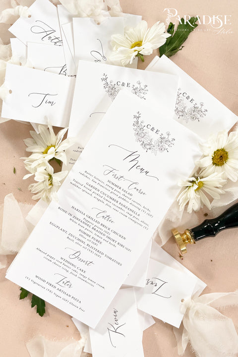 Elevate your wedding table décor with our botanical fine-art menus, featuring elegant floral sketches and refined typography. Printed on luxury textured cardstock, these menus bring a sense of romantic sophistication to your celebration. Each design is customizable with your initials, florals, and fonts, ensuring a cohesive look with your invitation suite. Perfect for garden, elegant, or minimalist weddings, they add a soft, timeless beauty to your tablescape.