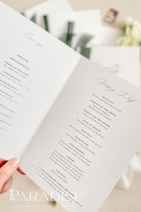This wedding program features a beautifully hand-drawn sketch of your ceremony location, bringing meaning, storytelling, and personal charm to your celebration. Printed on premium cardstock and finished with a deep green ribbon and warm gold wax seal, it offers a refined balance of old-world elegance and modern minimalism. Perfect for estate weddings, outdoor ceremonies, and romantic fine-art themes, this program creates a memorable first impression for your guests.