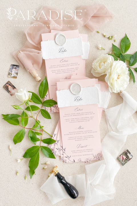 Introduce timeless romance and contemporary elegance to your reception with our custom handmade wedding menus - the perfect blend of fine design and meaningful detail. Printed on luxury blush-toned cardstock and wrapped in a deckled-edge handmade paper belly band, each piece is finished with a personalized wax seal, adding a sophisticated touch to your tablescape.