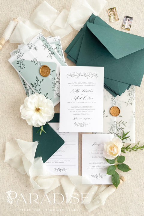 Romantic, refined, and inspired by nature - our botanical vellum wedding invitations are crafted for couples who love timeless design with an organic touch. Each invitation features delicate greenery illustrations, wrapped in a translucent vellum sleeve and sealed with a gold wax seal for an elegant, fine art finish. The deep emerald and sage green envelopes perfectly complement the natural botanical design.