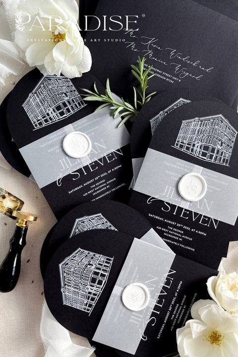 Bold, elegant, and full of character - our arched wedding invitation suite is designed for couples who want to make a statement. Printed on luxurious black cardstock, each invitation features a hand-drawn illustration of your wedding venue, adding a deeply personal and artistic touch to your stationery. Wrapped in a vellum belly band and finished with a white wax seal, this suite blends modern sophistication with timeless craftsmanship.