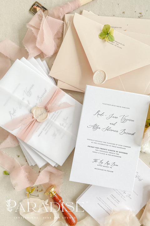 Delicate, romantic, and effortlessly graceful - this letterpress wedding invitation suite blends modern minimalism with artisanal charm. Each piece is crafted on thick, premium cotton paper, with deep letterpress impressions that capture the poetry of fine stationery. Wrapped in translucent vellum, tied with a blush silk ribbon, and finished with a wax seal, this suite is designed for couples who appreciate sophistication in every detail.