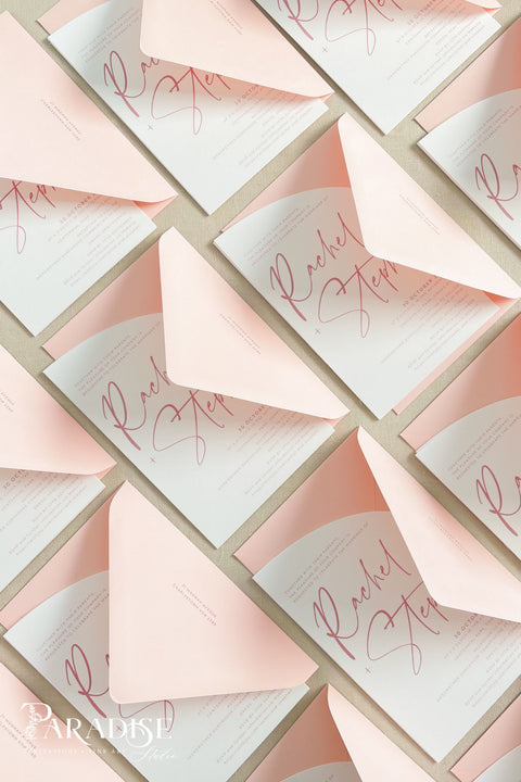 Delicate and feminine yet strikingly contemporary, this half arch wedding invitation suite sets the tone for an unforgettable celebration. Its clean layout and romantic blush palette create a dreamy first impression - perfect for modern romantic weddings, fine art garden ceremonies, or destination celebrations. Crafted on luxury fine art cardstock, each piece feels smooth, substantial, and designed to impress. Paired with blush envelopes, matching calligraphy, and rose gold wax seals.