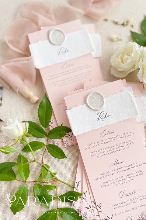 Introduce timeless romance and contemporary elegance to your reception with our custom handmade wedding menus - the perfect blend of fine design and meaningful detail. Printed on luxury blush-toned cardstock and wrapped in a deckled-edge handmade paper belly band, each piece is finished with a personalized wax seal, adding a sophisticated touch to your tablescape.