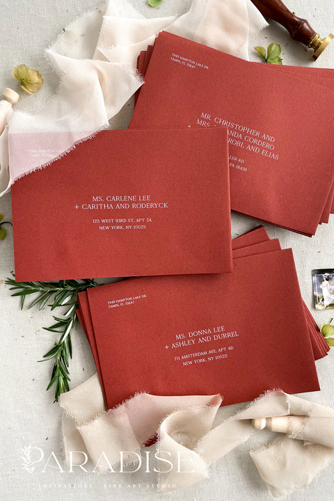 Red wedding envelopes with professional address printing, crafted from premium paper and arranged to show clean edges, rich color, and elegant typography.
