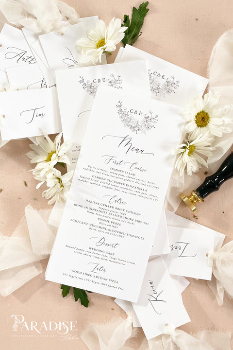 Elevate your wedding table décor with our botanical fine-art menus, featuring elegant floral sketches and refined typography. Printed on luxury textured cardstock, these menus bring a sense of romantic sophistication to your celebration. Each design is customizable with your initials, florals, and fonts, ensuring a cohesive look with your invitation suite. Perfect for garden, elegant, or minimalist weddings, they add a soft, timeless beauty to your tablescape.