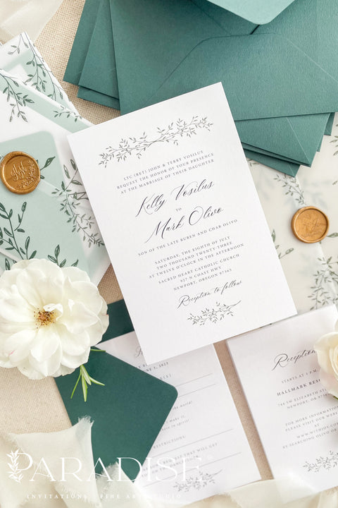 Romantic, refined, and inspired by nature - our botanical vellum wedding invitations are crafted for couples who love timeless design with an organic touch. Each invitation features delicate greenery illustrations, wrapped in a translucent vellum sleeve and sealed with a gold wax seal for an elegant, fine art finish. The deep emerald and sage green envelopes perfectly complement the natural botanical design.