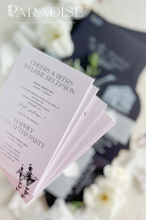 Bold, elegant, and full of character - our arched wedding invitation suite is designed for couples who want to make a statement. Printed on luxurious black cardstock, each invitation features a hand-drawn illustration of your wedding venue, adding a deeply personal and artistic touch to your stationery. Wrapped in a vellum belly band and finished with a white wax seal, this suite blends modern sophistication with timeless craftsmanship.