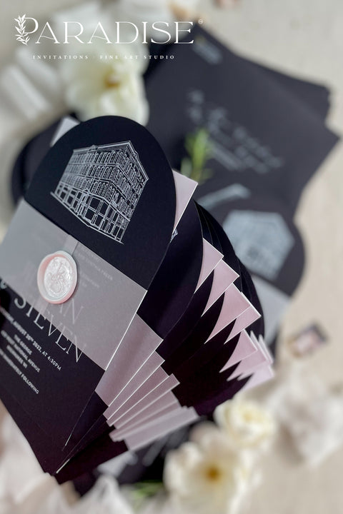 Bold, elegant, and full of character - our arched wedding invitation suite is designed for couples who want to make a statement. Printed on luxurious black cardstock, each invitation features a hand-drawn illustration of your wedding venue, adding a deeply personal and artistic touch to your stationery. Wrapped in a vellum belly band and finished with a white wax seal, this suite blends modern sophistication with timeless craftsmanship.
