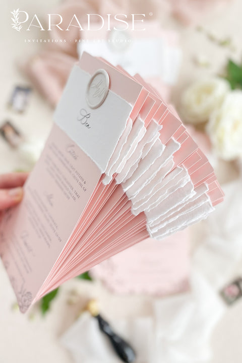 Introduce timeless romance and contemporary elegance to your reception with our custom handmade wedding menus - the perfect blend of fine design and meaningful detail. Printed on luxury blush-toned cardstock and wrapped in a deckled-edge handmade paper belly band, each piece is finished with a personalized wax seal, adding a sophisticated touch to your tablescape.