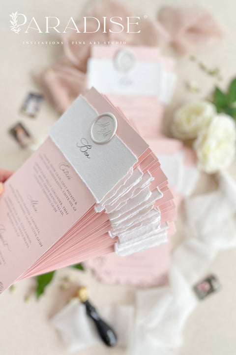 Introduce timeless romance and contemporary elegance to your reception with our custom handmade wedding menus - the perfect blend of fine design and meaningful detail. Printed on luxury blush-toned cardstock and wrapped in a deckled-edge handmade paper belly band, each piece is finished with a personalized wax seal, adding a sophisticated touch to your tablescape.