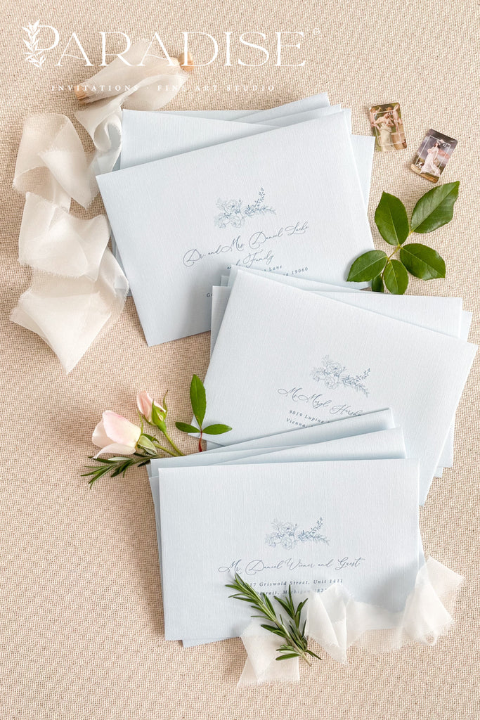 Coco Linen Baby Bleu Envelopes and Black Ink Printing