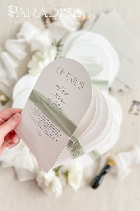 Our arched wedding invitation suite is perfect for couples seeking a modern yet romantic stationery style. The smooth arch shape brings a contemporary edge, while the sage green silk ribbon adds a soft, botanical touch. Printed on premium white matte cardstock, this suite features clean, modern typography and delicate detailing that beautifully complements any wedding theme - from garden to destination to modern minimalist celebrations.