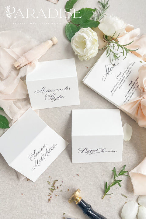Elevate your event with our refined place cards, crafted from premium cardstock and designed with elegant handwritten-style calligraphy. Their crisp, minimalist look makes them perfect for weddings, rehearsal dinners, galas, and sophisticated gatherings. With a clean folded silhouette and timeless aesthetic, these place cards bring effortless beauty, clarity, and polished charm to any seating display.