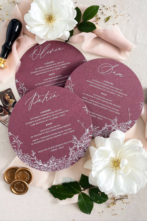Add a modern twist to timeless elegance with our circle-shaped wedding menus, designed to make your table setting truly unforgettable. Printed on premium textured cardstock, these round menus blend artistic floral detailing with elegant typography, creating a look that’s both unique and refined. Perfect for romantic receptions, modern celebrations, or luxury garden weddings, these circular menus instantly elevate your guest experience with a graceful touch of design innovation.