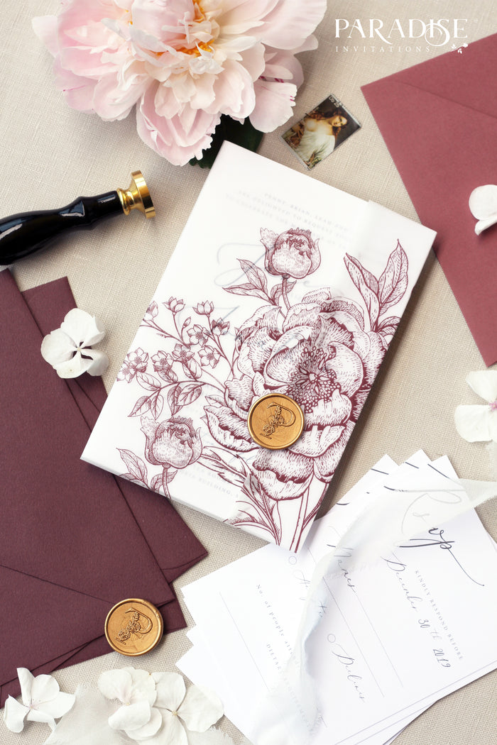 Pascale Burgundy Floral Wedding Invitations