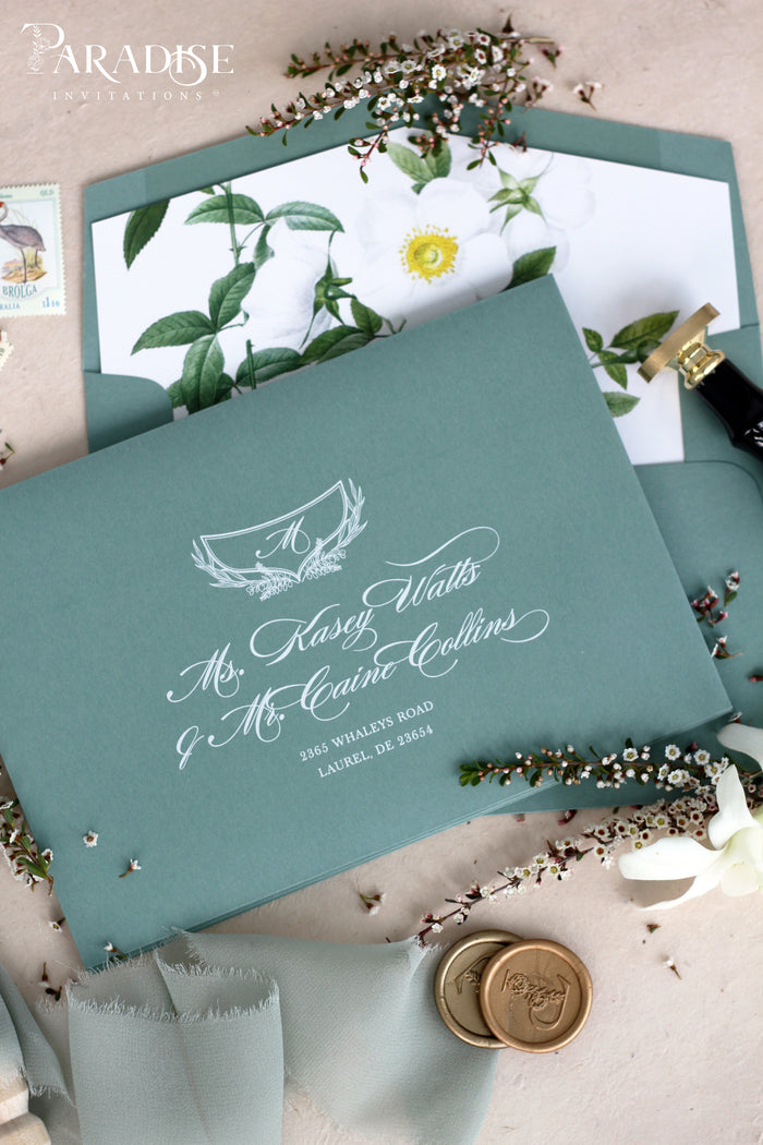 Sage Envelopes with White Ink Printing, White Floral Liners