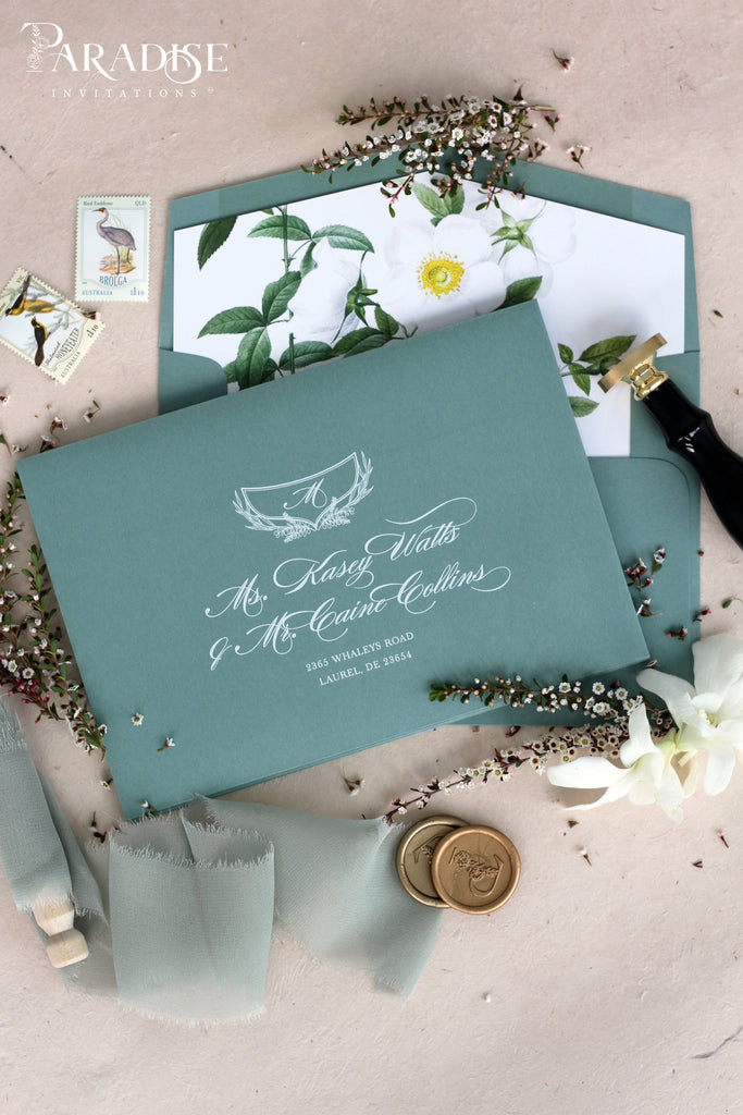 Sage Envelopes with White Ink Printing, White Floral Liners