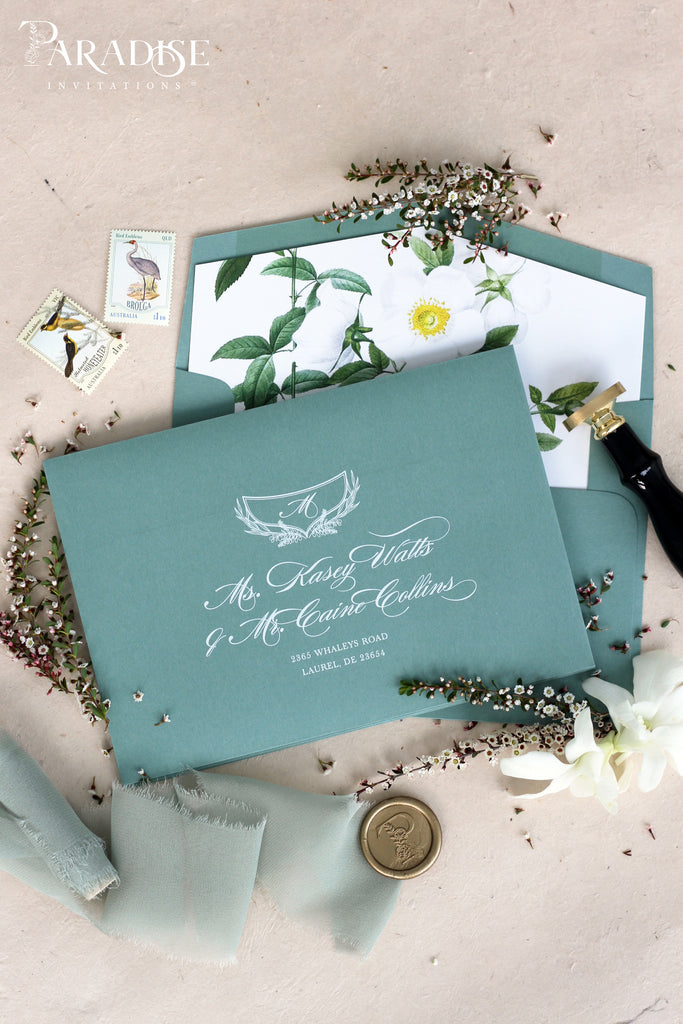 Sage Envelopes with White Ink Printing, White Floral Liners