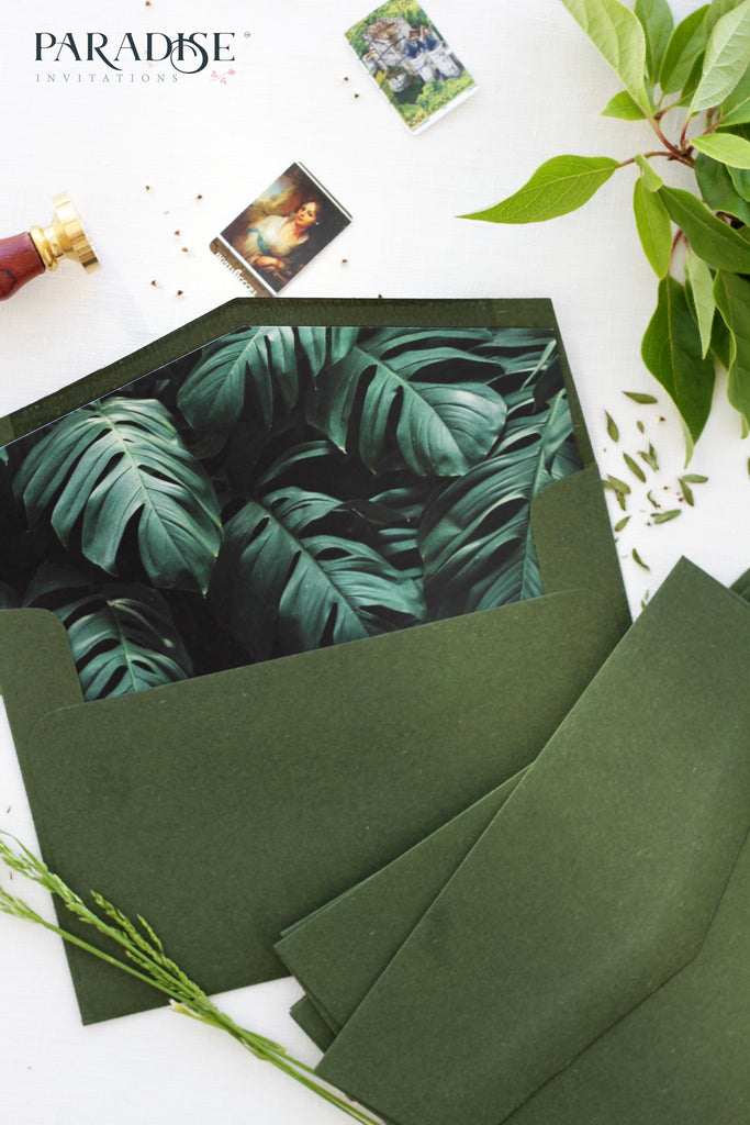 Tropical Style Envelope Liners on Forest Green Envelopes