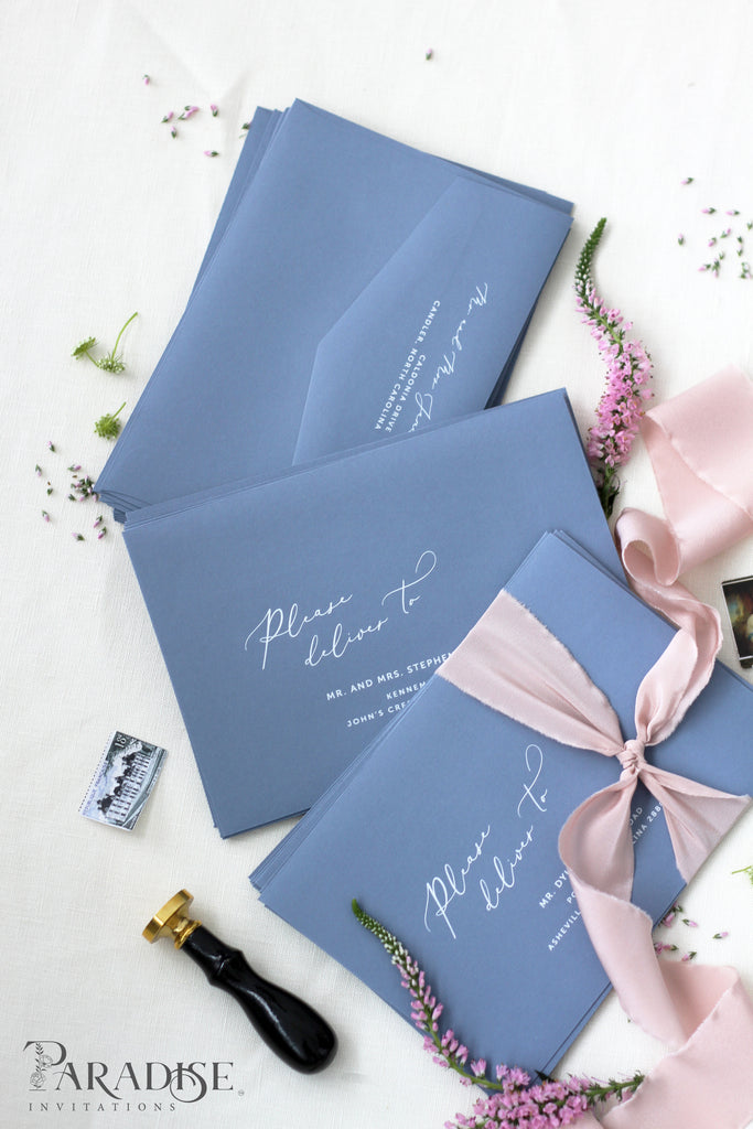 Dusty Blue Envelopes White ink printing