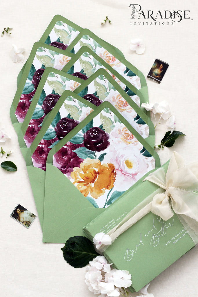 Floral Marsala Envelope Liners on Pear Envelopes