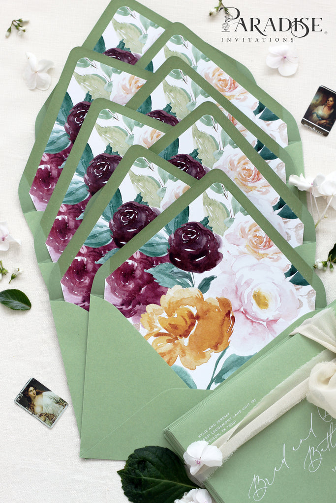 Floral Marsala Envelope Liners on Pear Envelopes