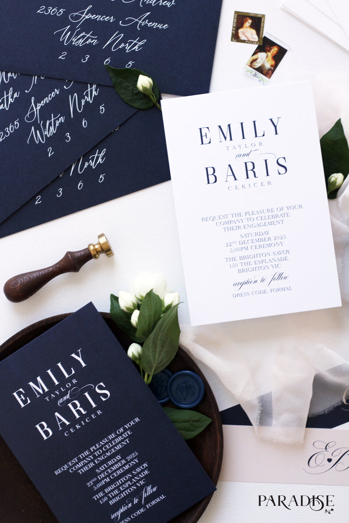 Aliette Navy and Blush Engagement Invitation