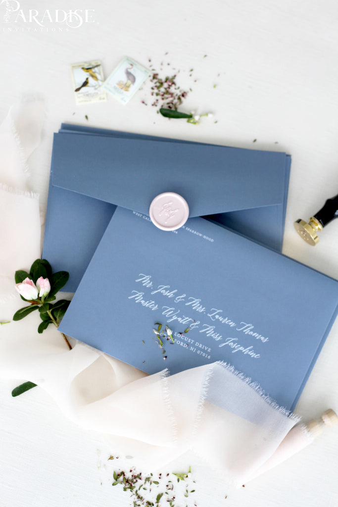 Dusty Blue Envelopes and White ink Printing