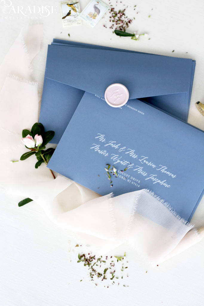 Dusty Blue Envelopes and White ink Printing