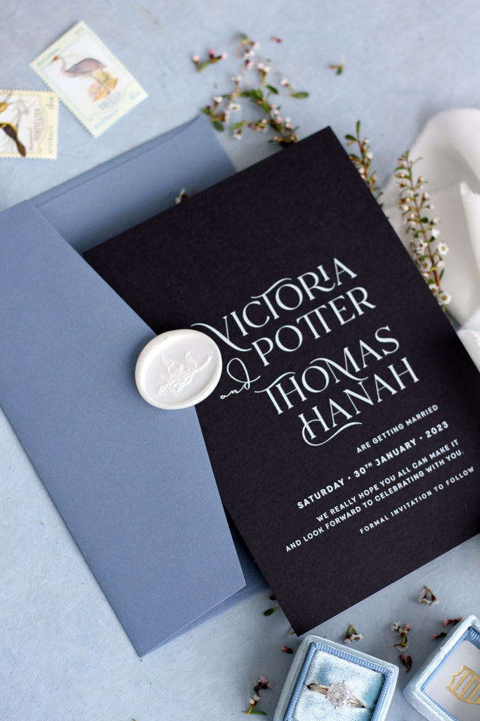 Elena Black Paper and Dusty Blue Envelopes Save the Date Cards