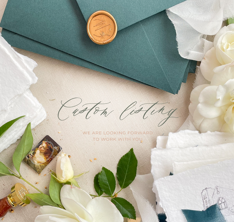 Handmade paper x50 Invites and Details cards, x50 White silk ribbons and pearl wax seals, x50 Almond envelopes and printing - Melissa