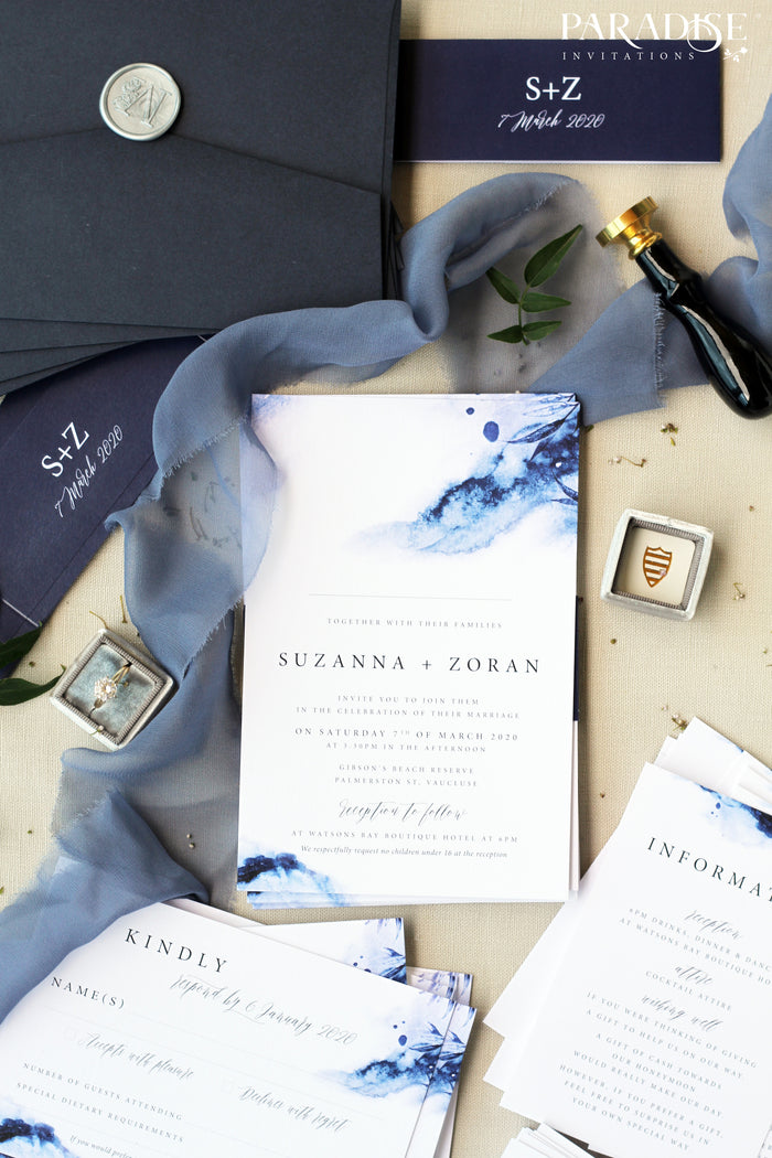 Joselyn Navy Watercolor Wedding Invitation